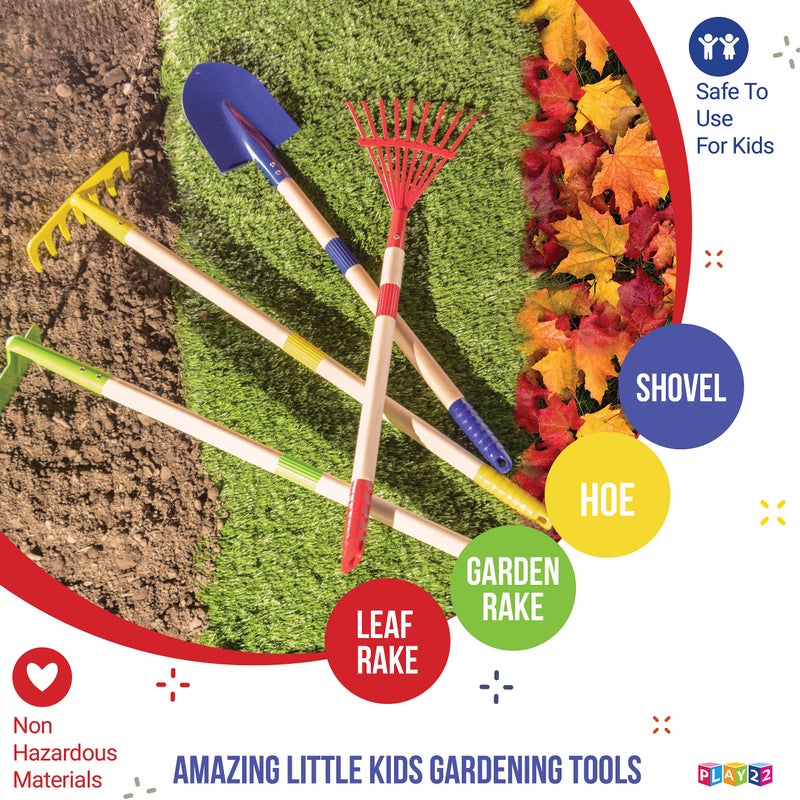 Play22 Kids Garden Tool Set Toy 4-Piece - Shovel, Rake, Hoe, Leaf Rake, Wooden Gardening Tools for Kids Best Outdoor Toys Gift for Boys and Girls - Image 4